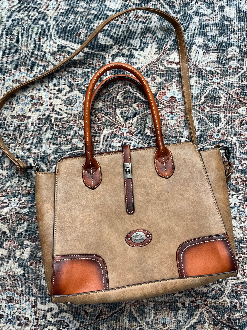 Classic Two-Tone Tan Satchel Bag with Contrast Trim